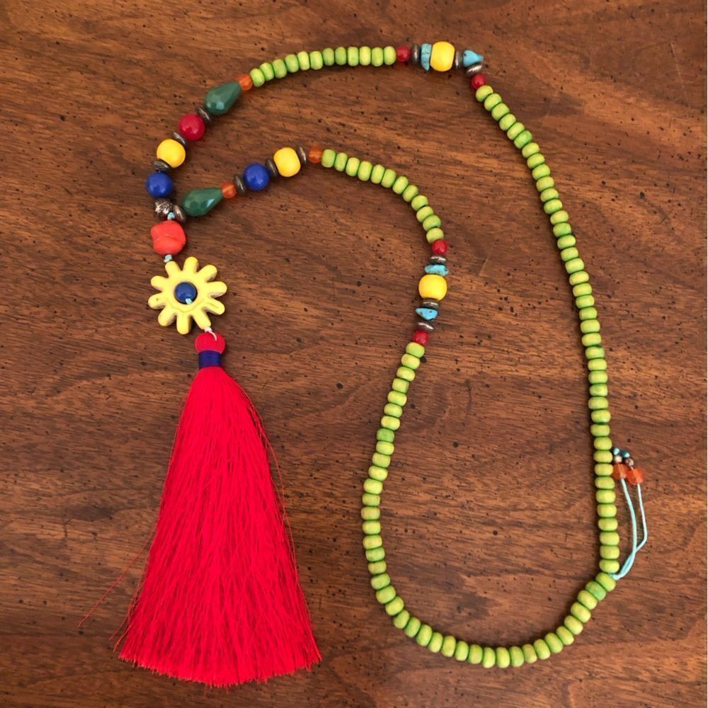 Boho Wood Beaded Tassel Necklace | 40” Long